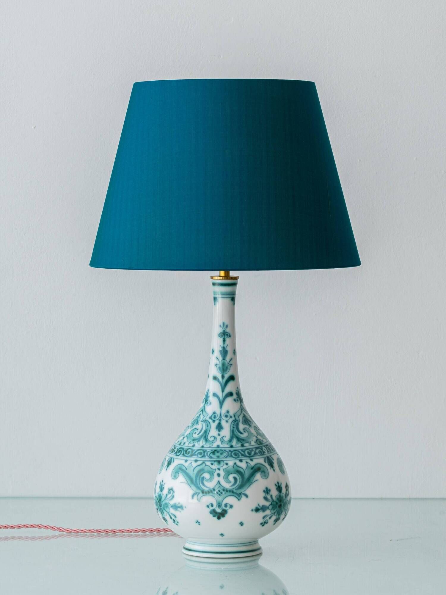Vintage Royal Delft Ceramic Table Lamp, Rare Teal Delvert Glaze, New Lampshade