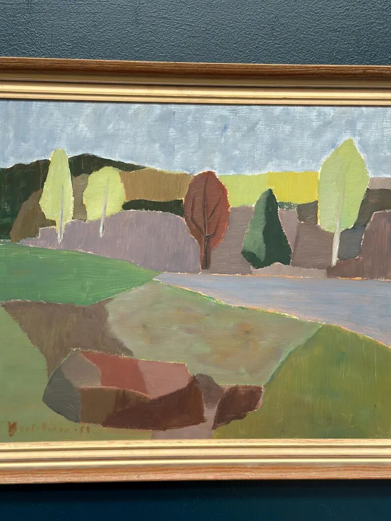 Original Swedish Oil on Panel – “Trees and Fields” by Carl‑Einar Andersson (1925–1975) – 1959 – Vintage & Framed – 53 × 44.5cm (20.9"×17.5")