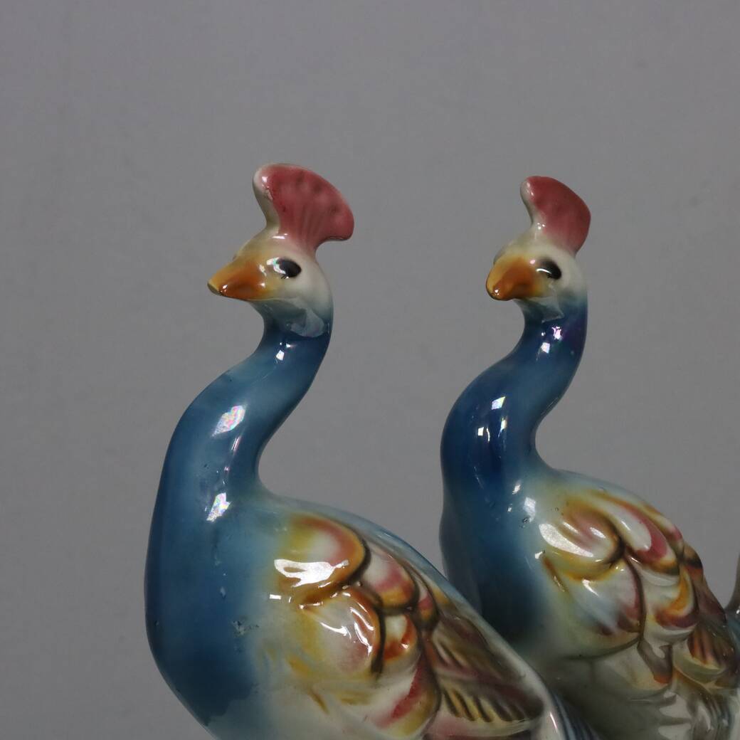 Italian Ceramic Sculpture with two Peacocks, 1960s hand-painted