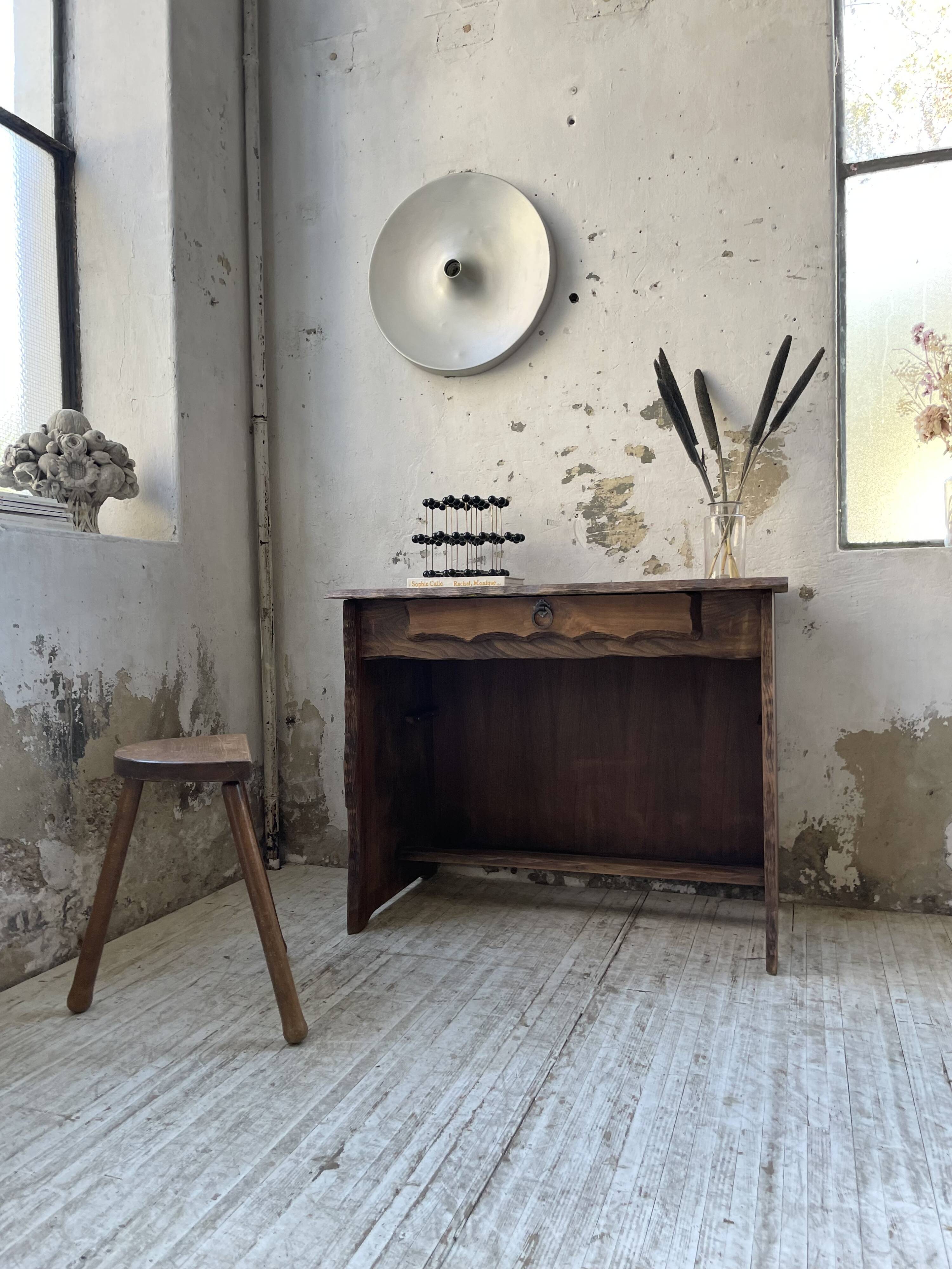 Brutalist desk in elm, signed Aranjou.