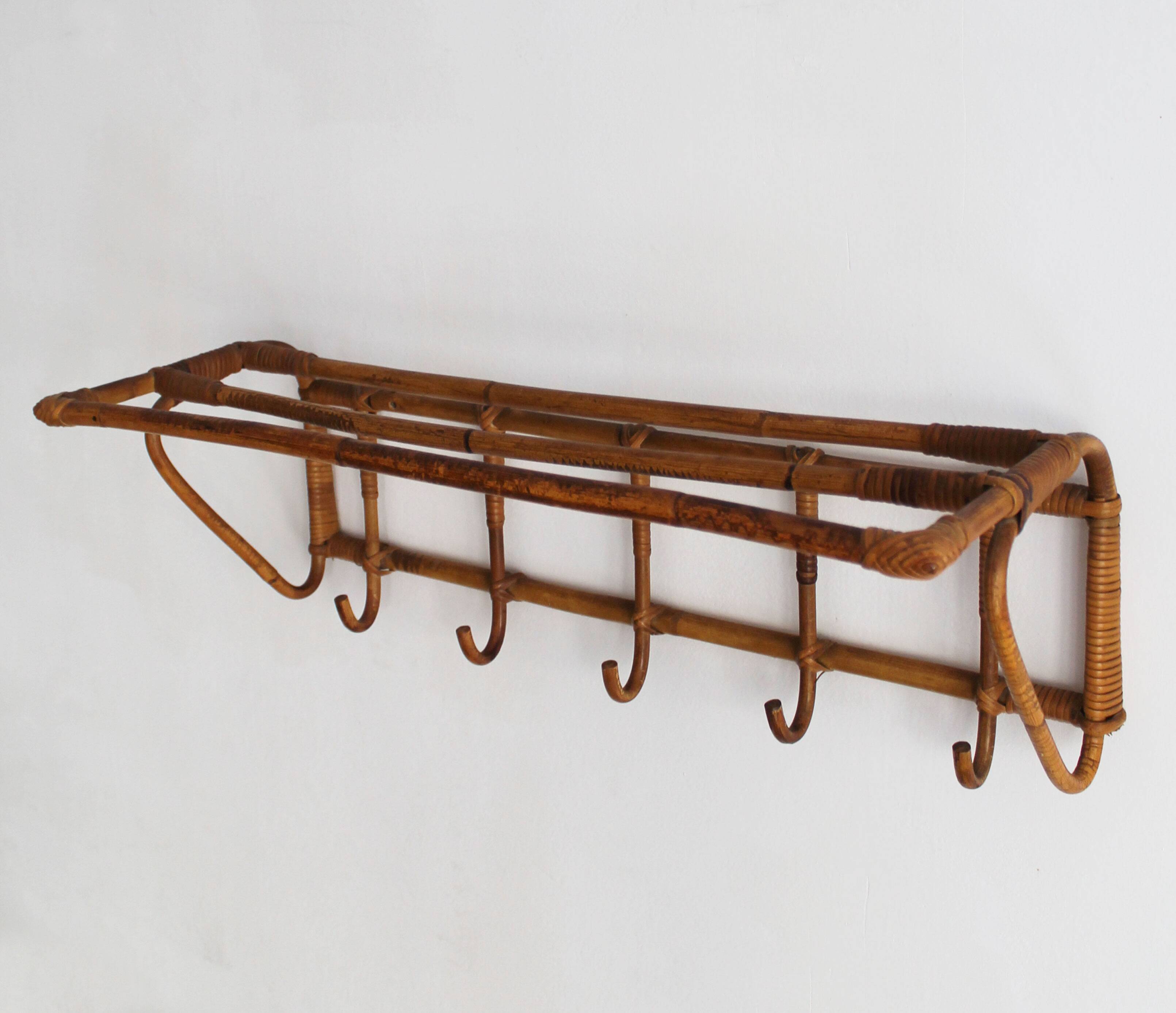 1960s Czechoslovak Rattan Wall Coat & Hat Rack, ÚLUV
