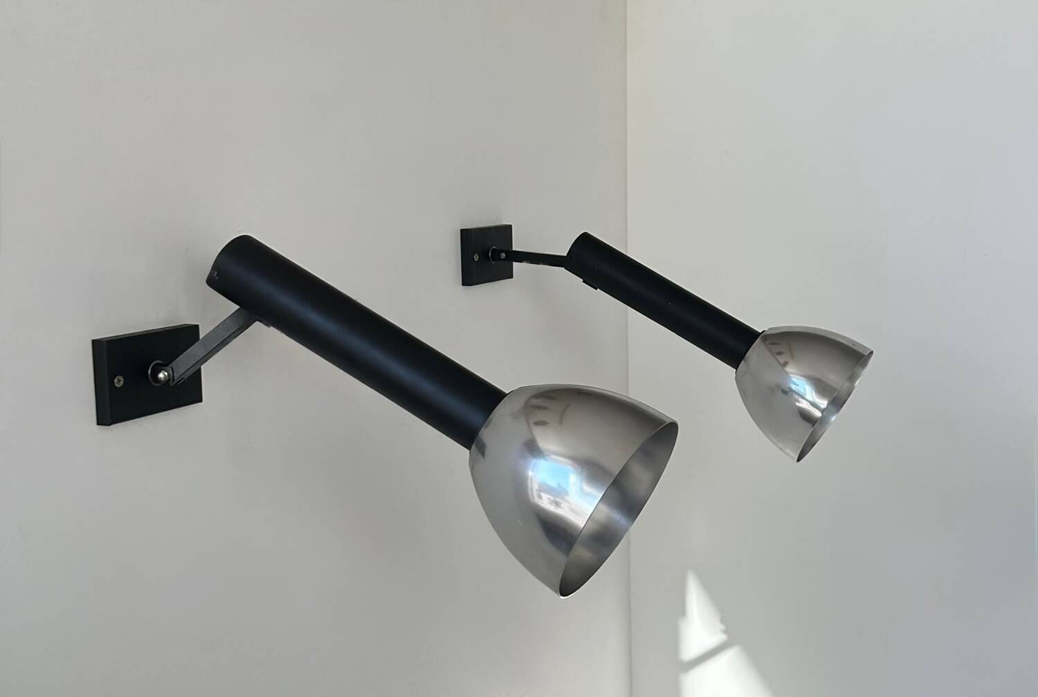 Pair of vintage wall lights, chrome and matte black metal, France 1960