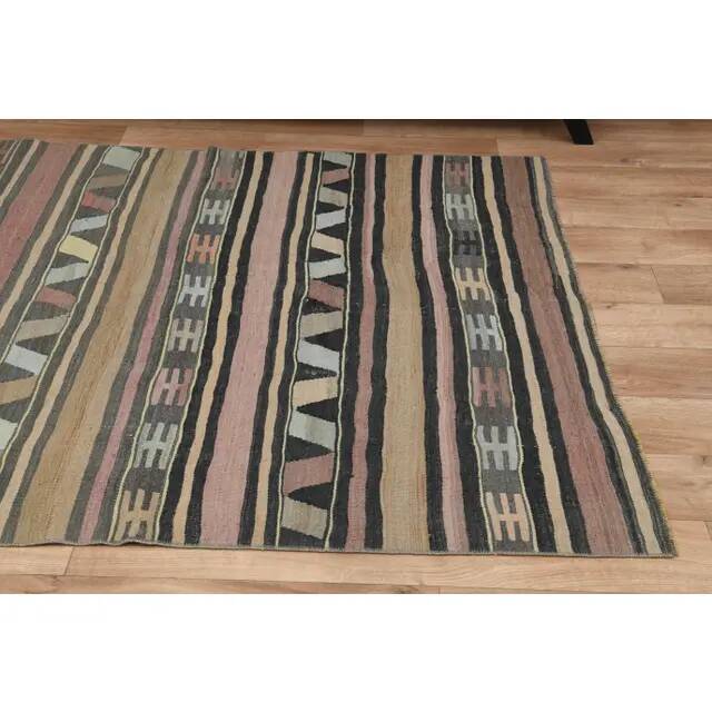 1970s Vintage Turkish Oushak Handmade Wool Cotton Brown Kilim Rug 148x174