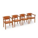 Wood and leather chairs, 1970s, set of 4