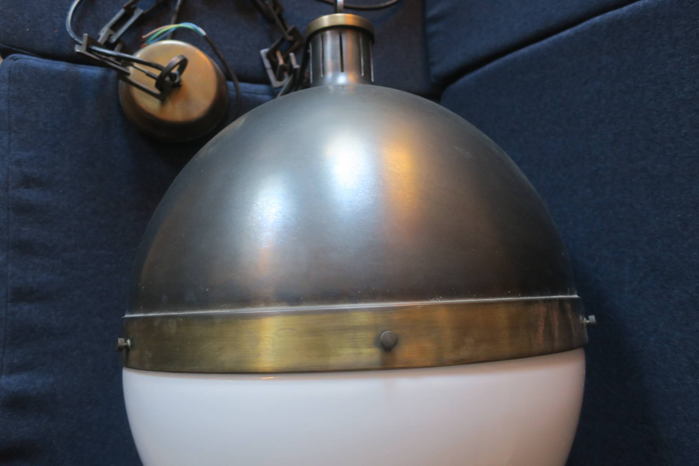 Large Hicks bronze and milk glass pendant light by Thomas O'Brien, USA