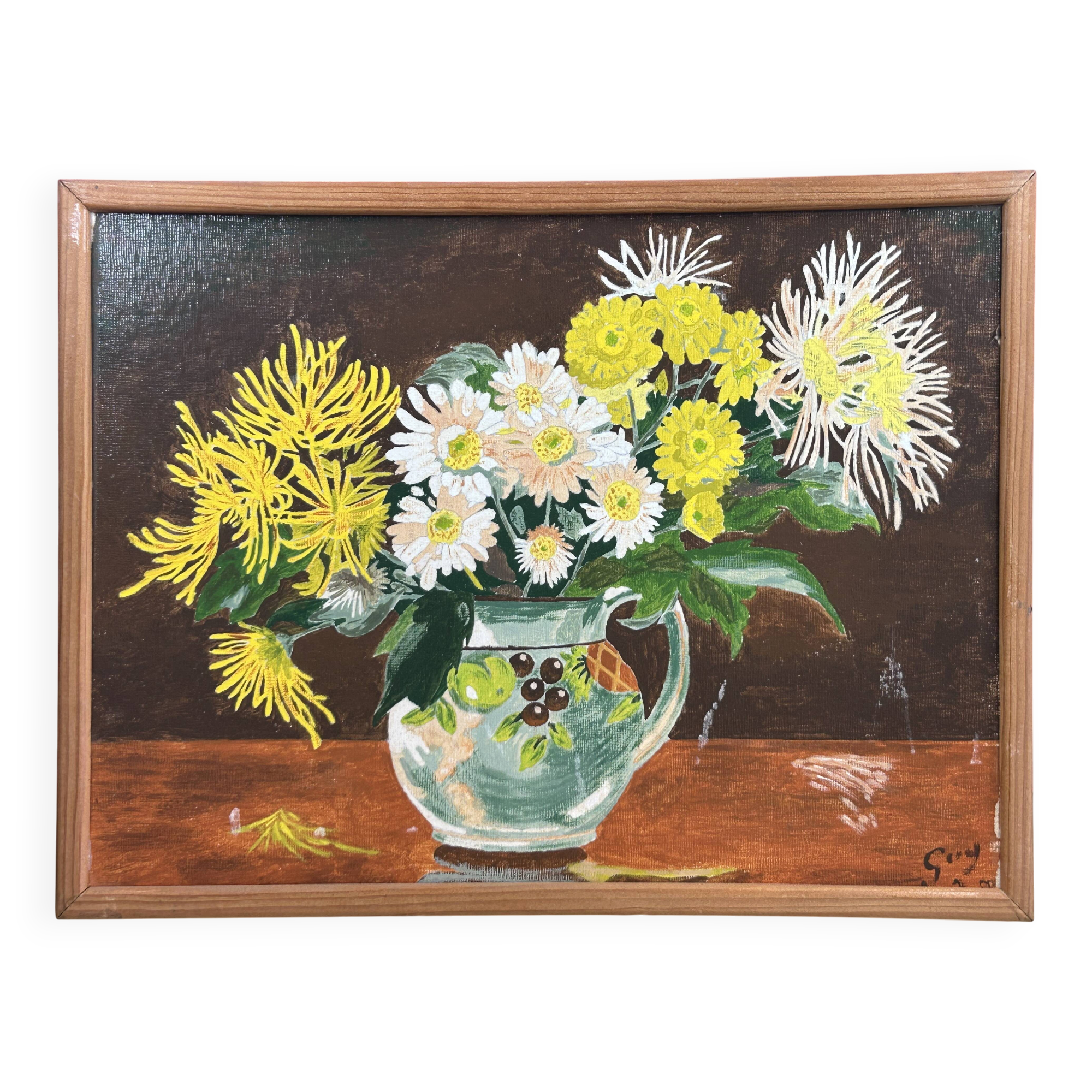 Oil on cardboard, Bouquet of flowers signature to identify Guy?