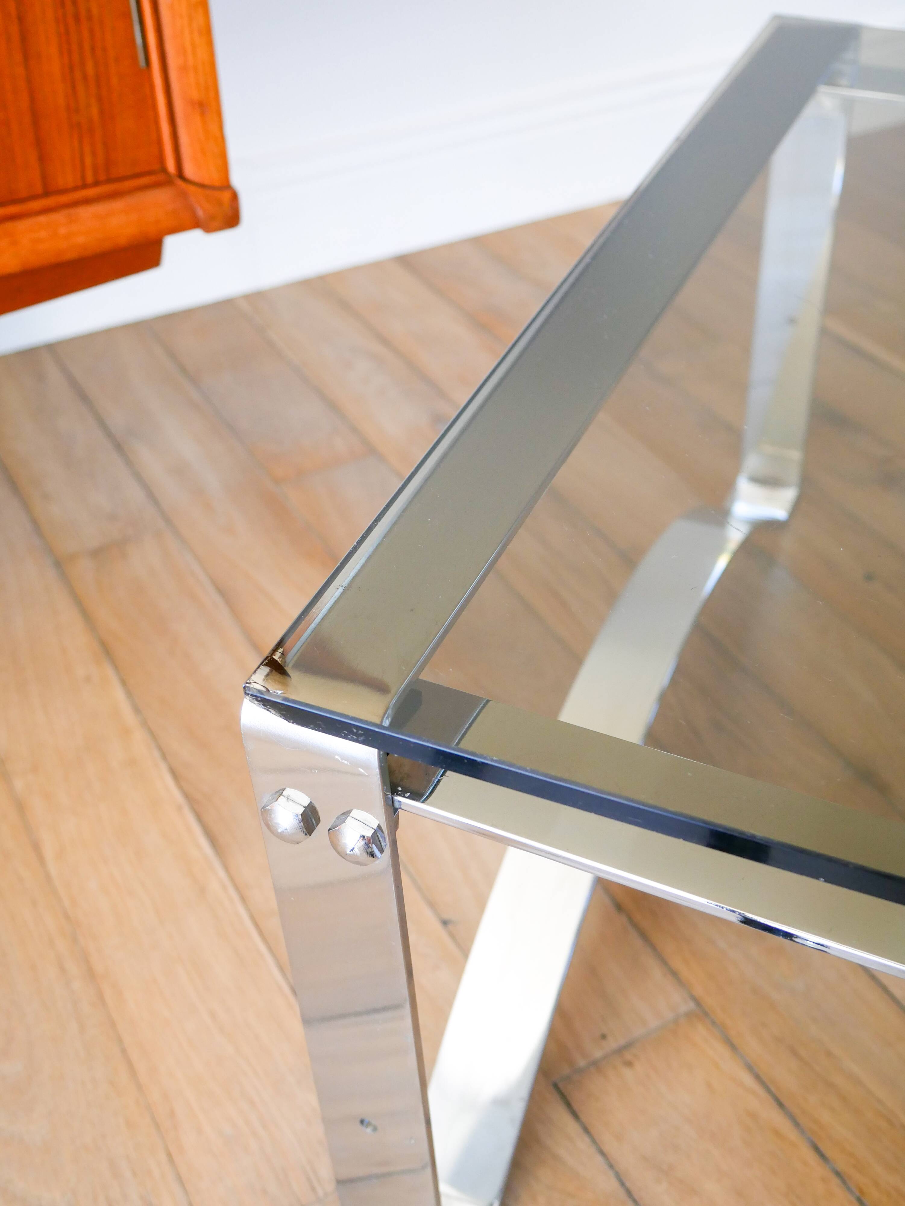 Rectangular coffee table in chrome and smoked glass, arched legs, Space Age, Design, 1970