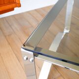 Rectangular coffee table in chrome and smoked glass, arched legs, Space Age, Design, 1970