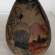 Ciboure stoneware vase, antique, signed Touton 1930, woman spinning in front of her farm.