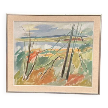 Huile sur toile originale suédoise - "Paysage" par Birger Strååt (1914–2008) - Signé - vintage et encadré - 61 × 72 cm (24" × 28,3")