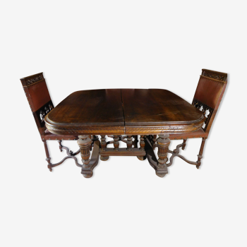 Table and its chairs henri ii gothic walnut