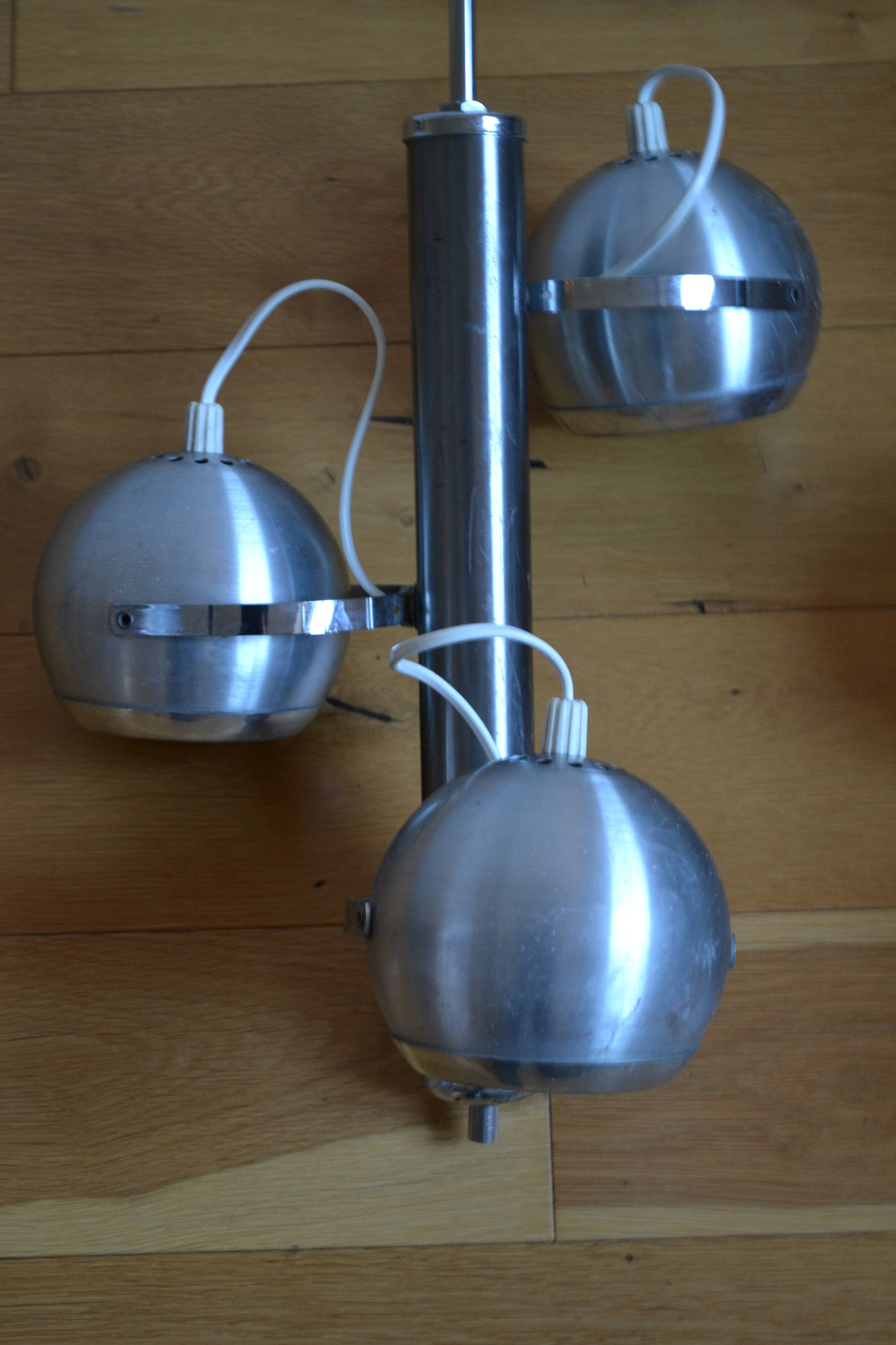 Pair of 70s space age eye ball chandeliers in brushed aluminum