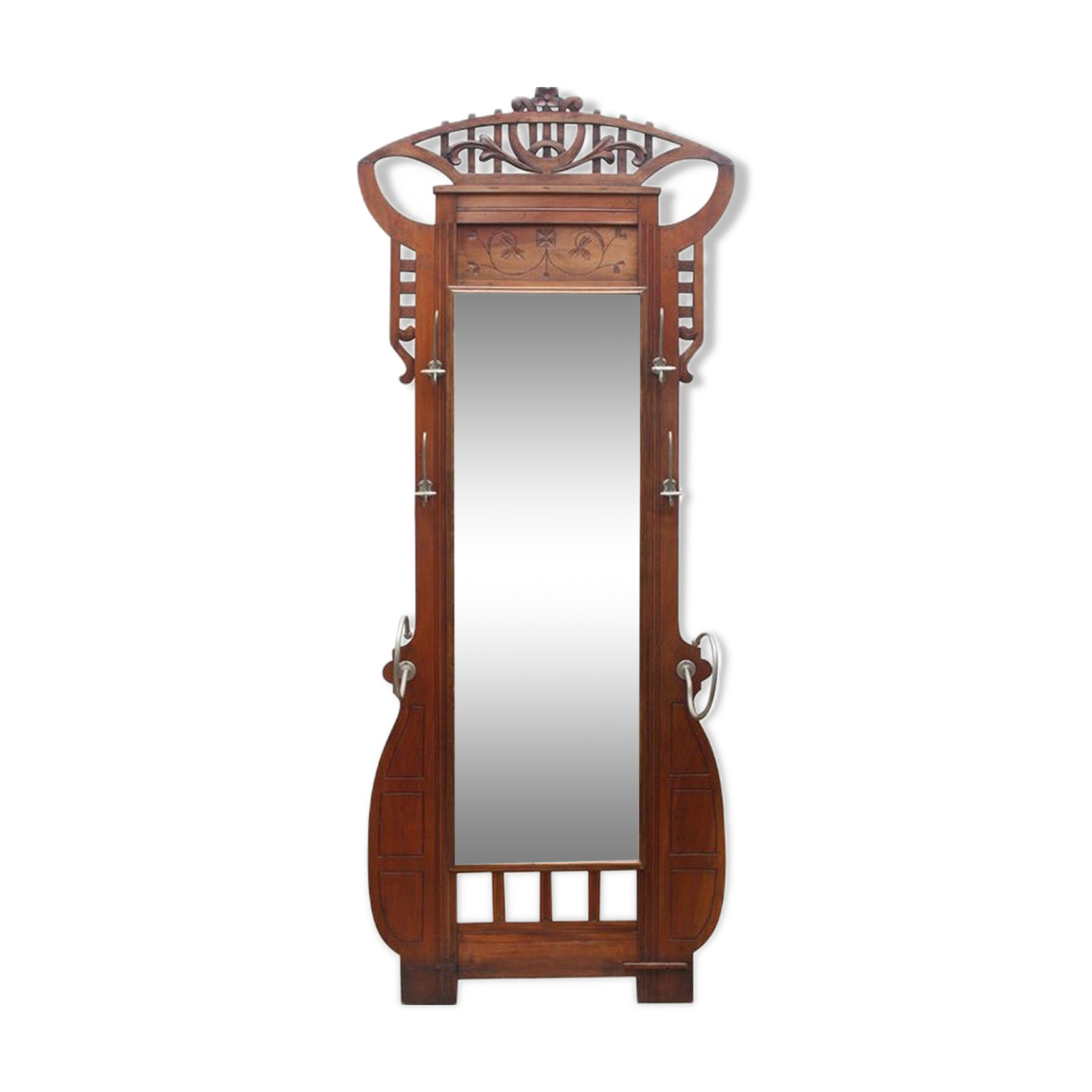 Art nouveau entrance cherry tree wood coat rack with mirror 1890s