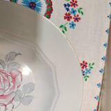 Set of 4 HBCM Creil et Montereau Pastel blue soup plates with pink pattern