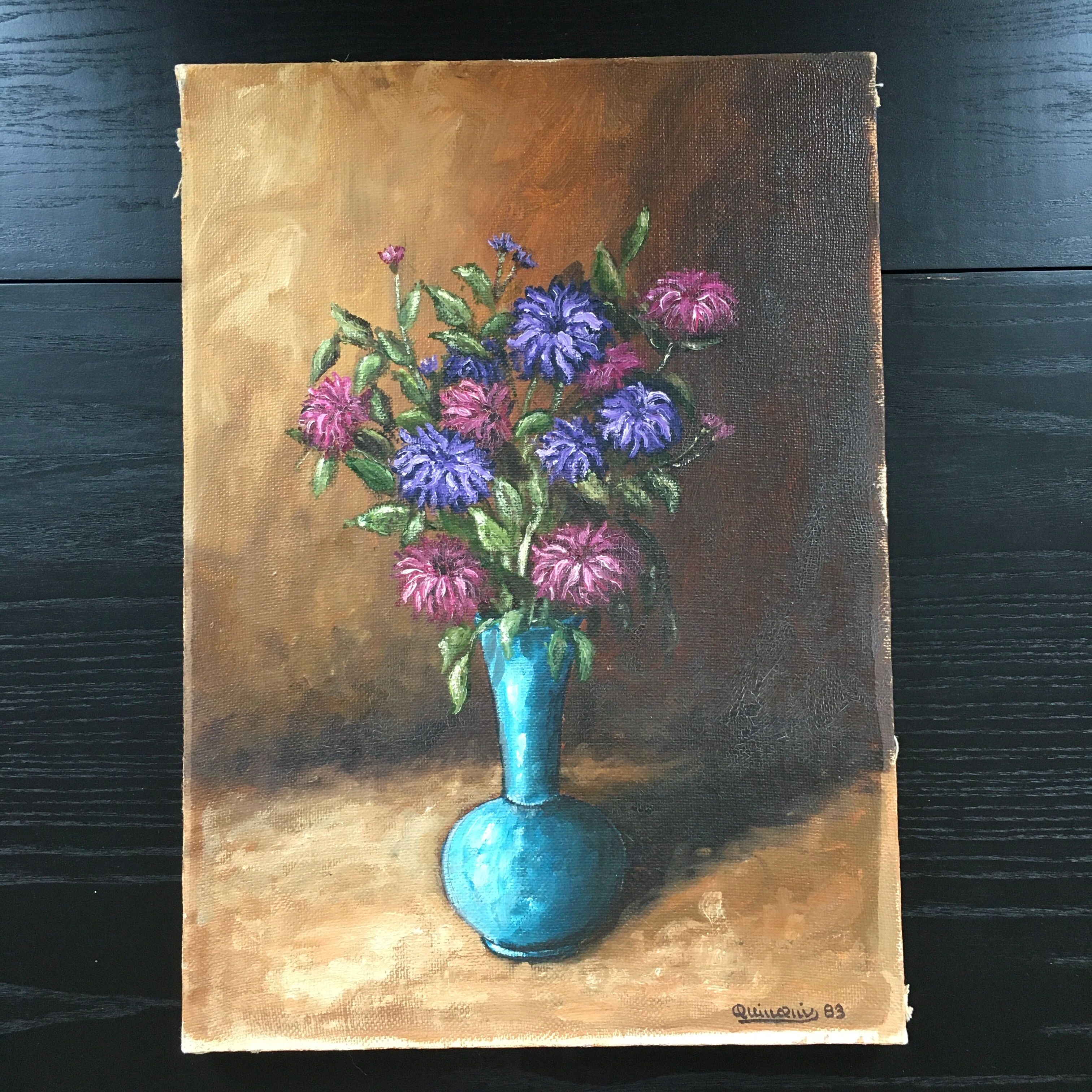 Tableau bouquet dans vase turquoise