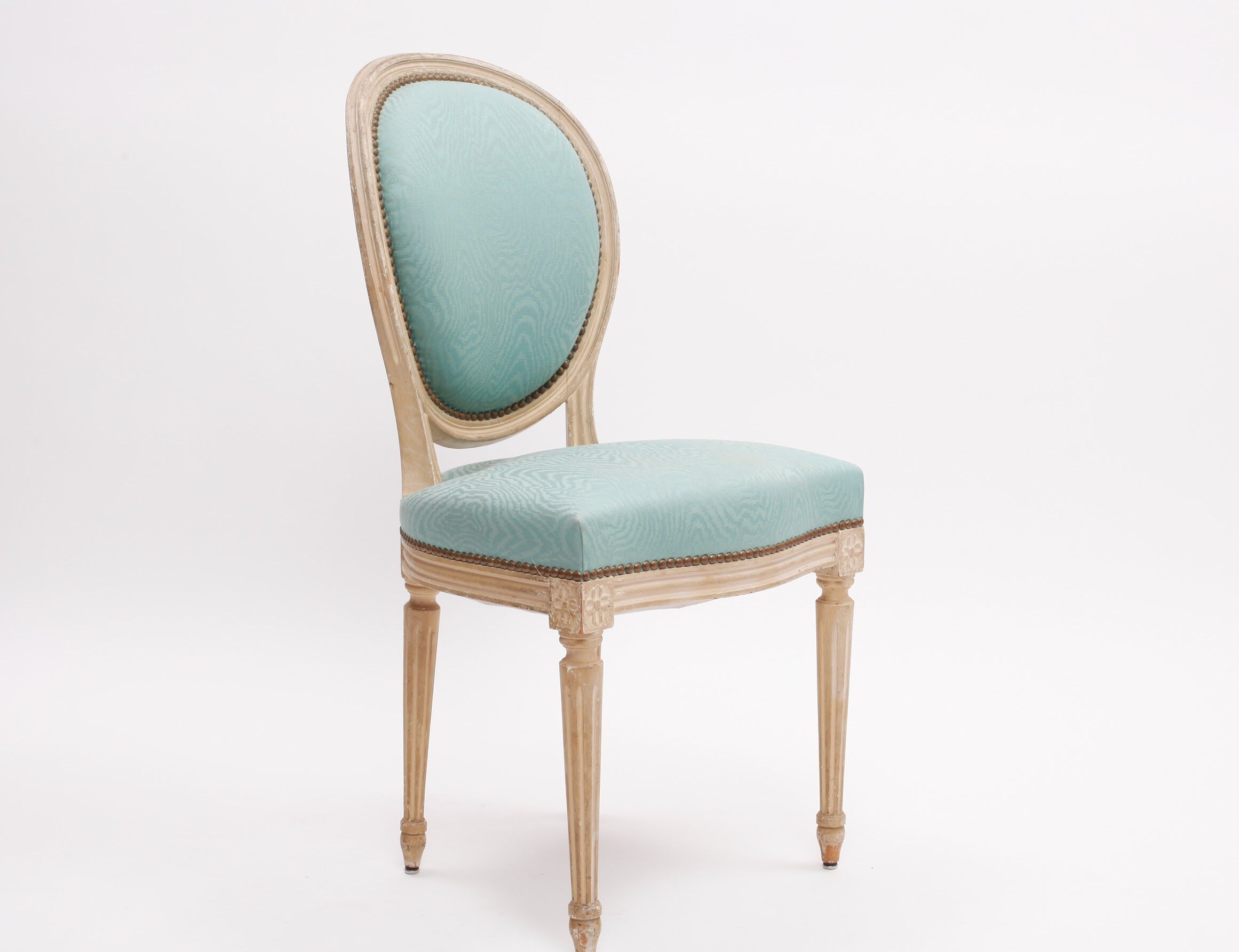 Pair of Louis XVI style armchair medallion chairs in turquoise blue color