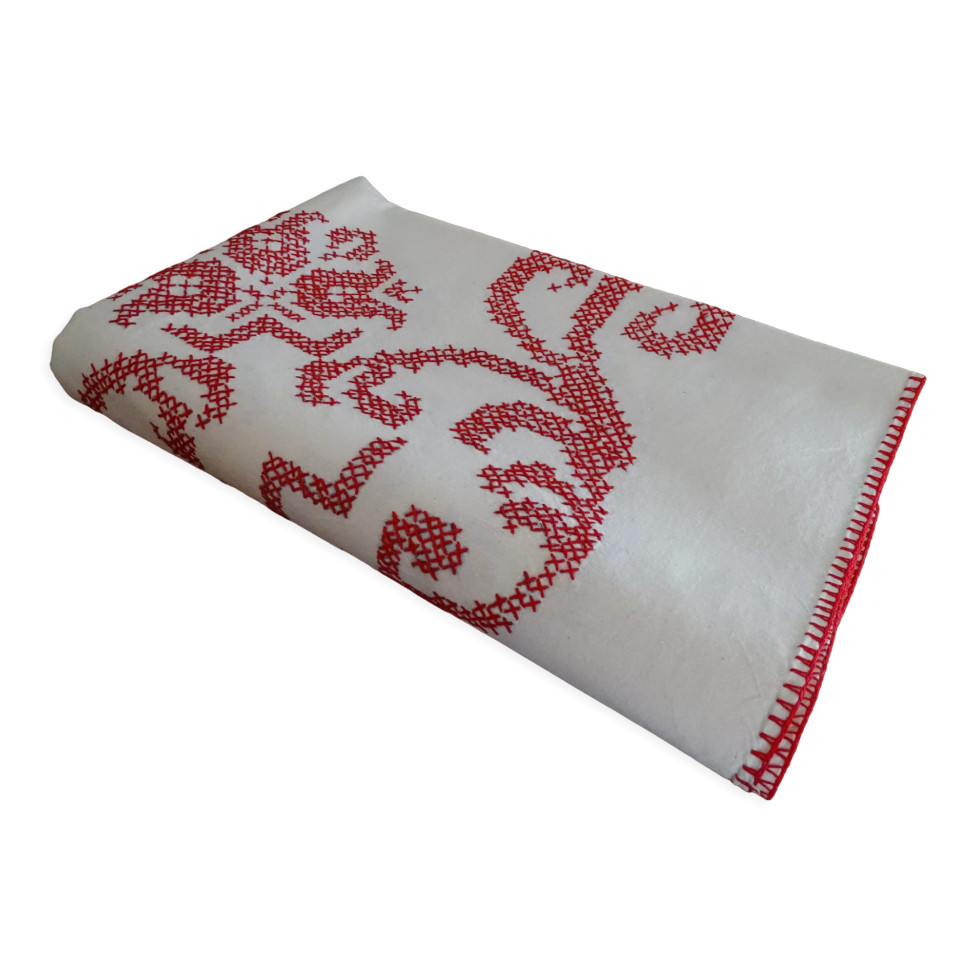 Cross-stitch embroidered tablecloth 160 x 130 in cotton