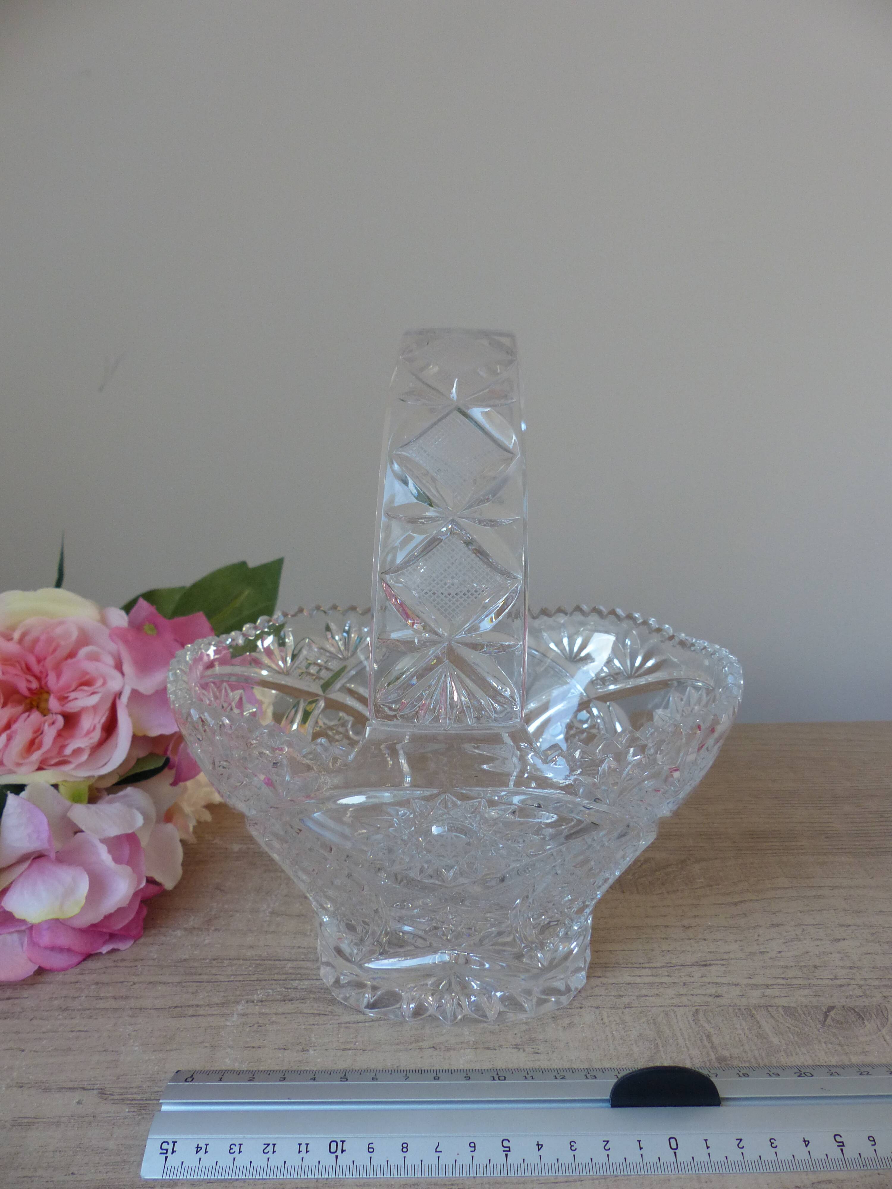 Vintage 1970s crystal basket – oval bowl with handle