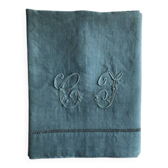 Drap Ancien En Lin Et Chanvre Teinté en Vert Jade