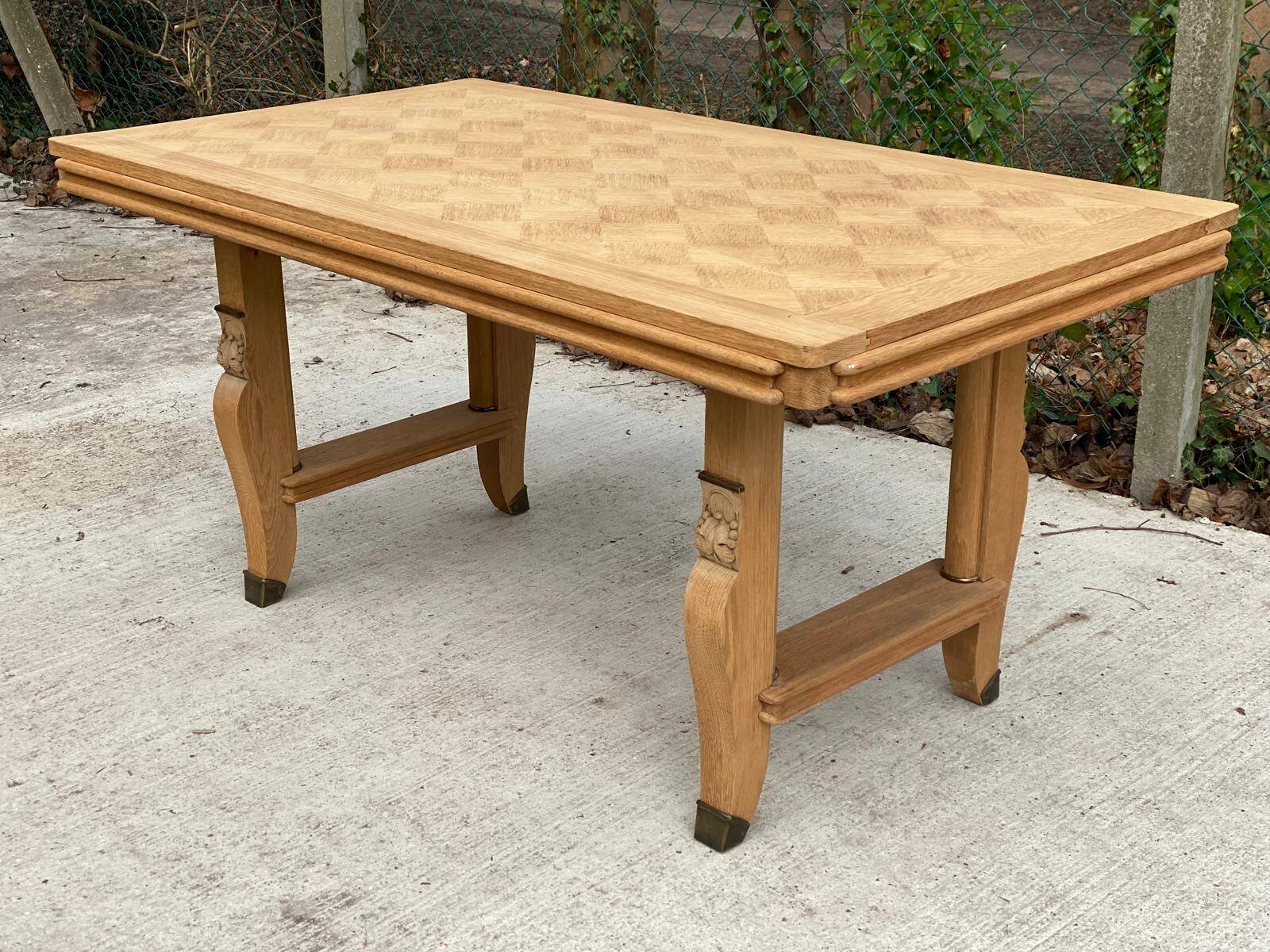Art Deco extendable dining table renovated in raw oak and marquetry 220