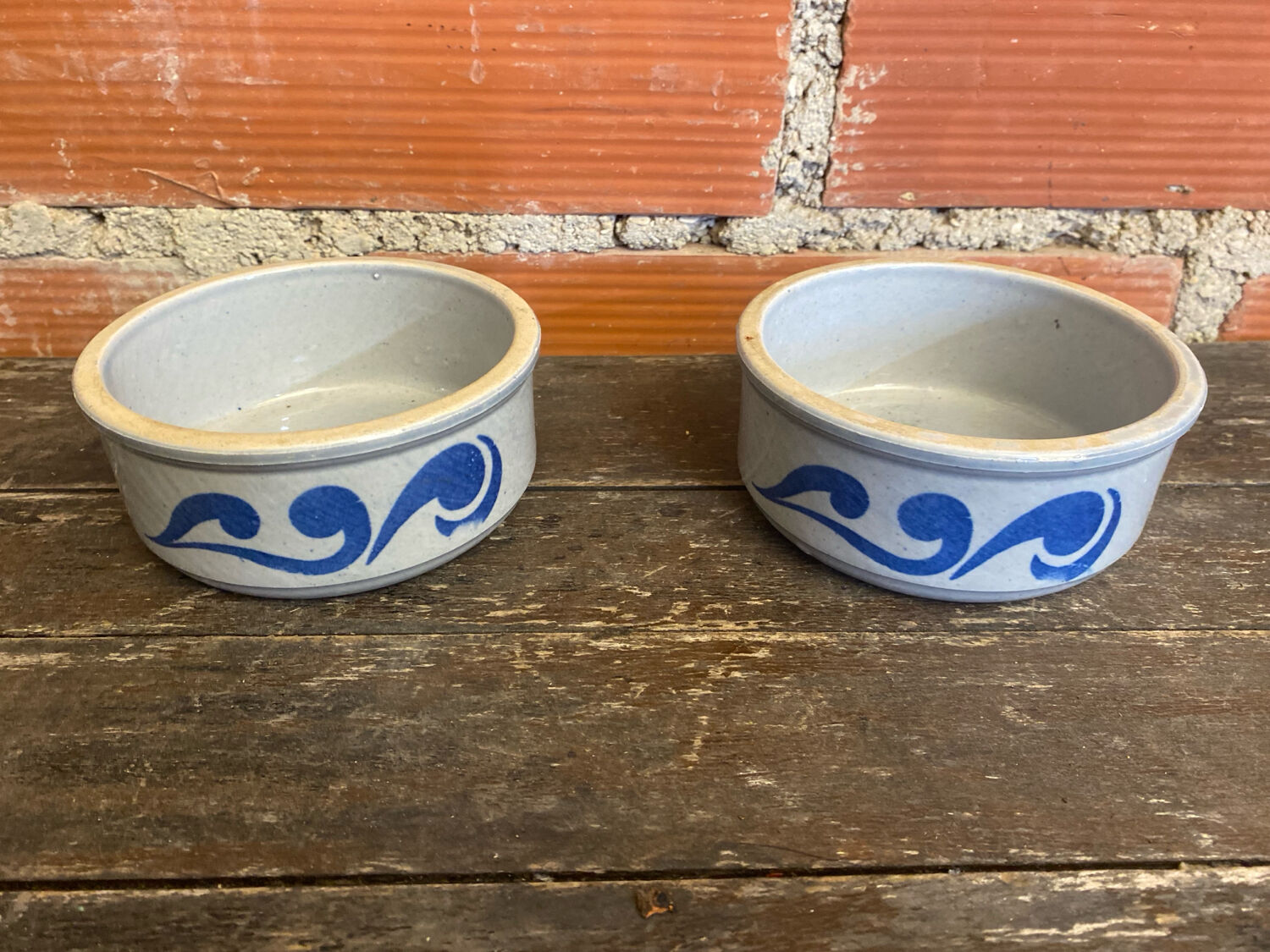 Pair of antique bowls handarbeit salt glaze blue decor vintage #d662