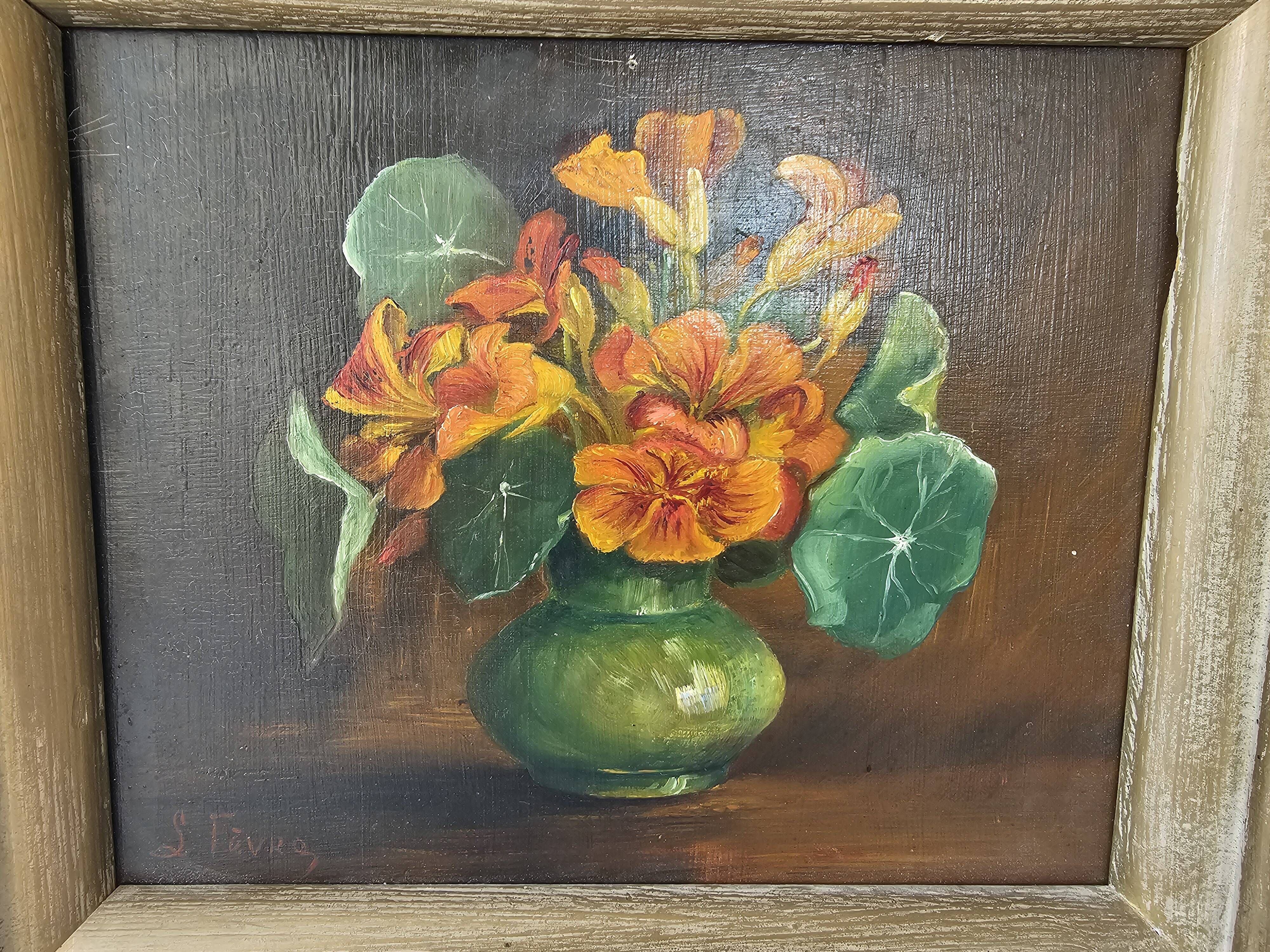 Tableau Huile sur Panneau bouquet de fleurs capucines dans vase Signé L. Fè