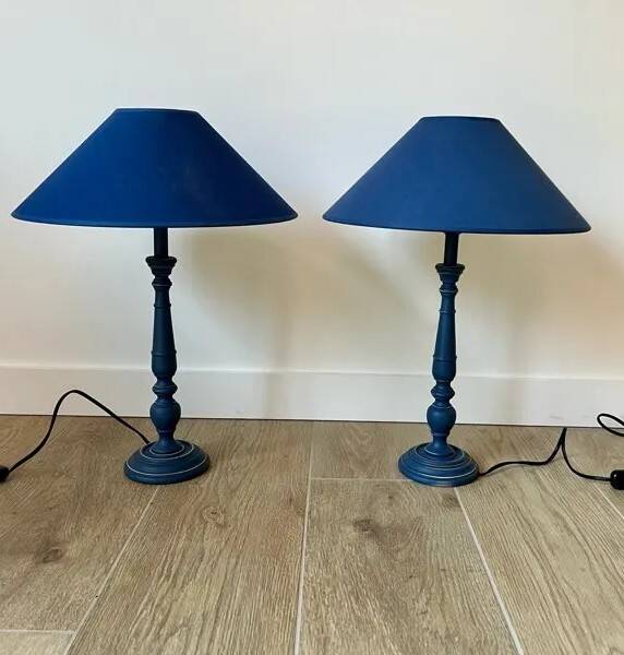 Pair of classic navy blue wooden lamps 57x25 very beautiful