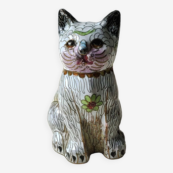 Figurine chat chinois vintage en bronze/laiton émaillé cloisonné