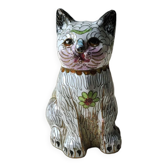 Figurine chat chinois vintage en bronze/laiton émaillé cloisonné