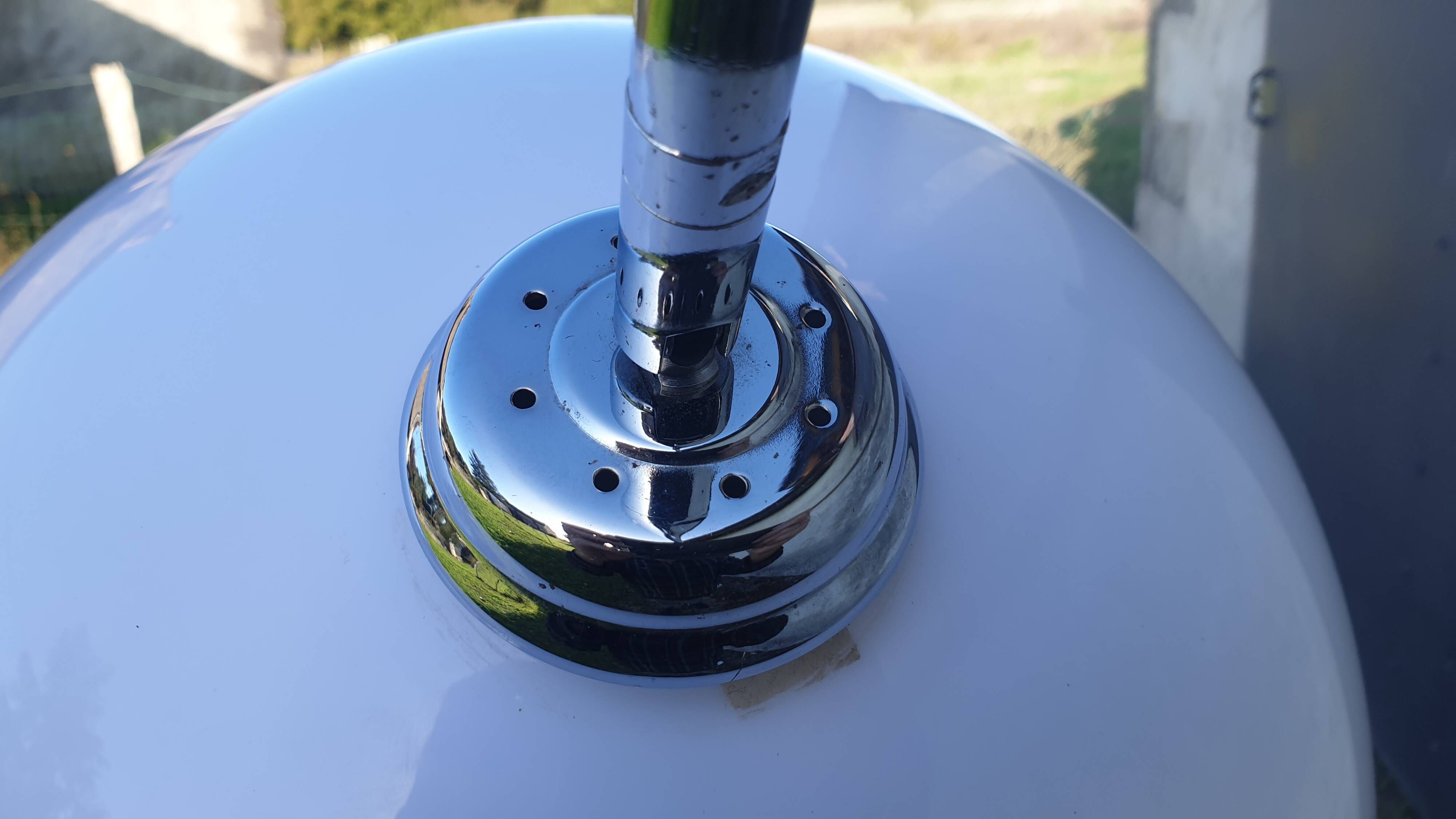Chrome arc floor lamp with white globe, Space Age style from the 70s, BVH edition.