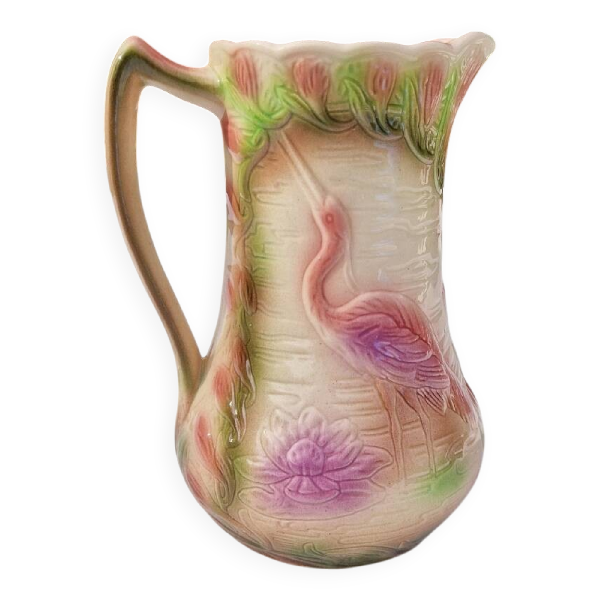 Antique Barbotine Pitcher from the Saint Clément Factory, Heron Decor