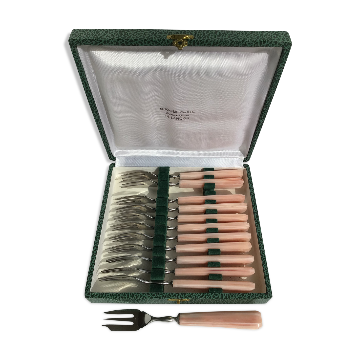 12 stainless steel cake forks pink sleeve with case
