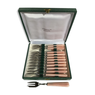 12 stainless steel cake forks pink sleeve with case