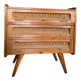 Old vintage wooden and rattan chest of drawers