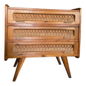 Old vintage wooden and rattan chest of drawers