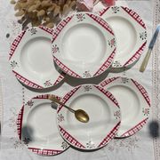 6 Digoin Sarreguemines Niger model soup plates with floral pattern and red/white checks
