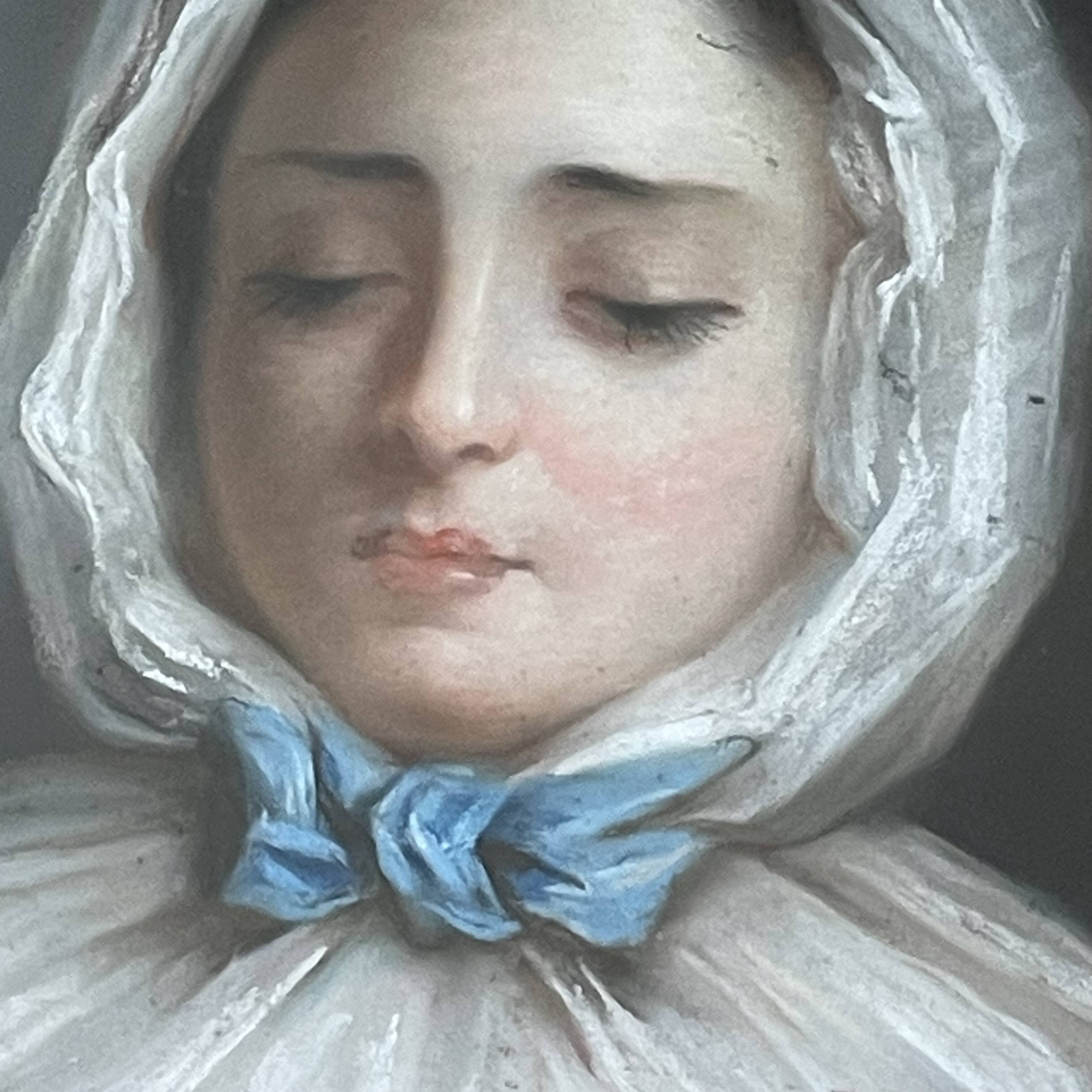 Portrait of a young girl in pastel from the 19th century.