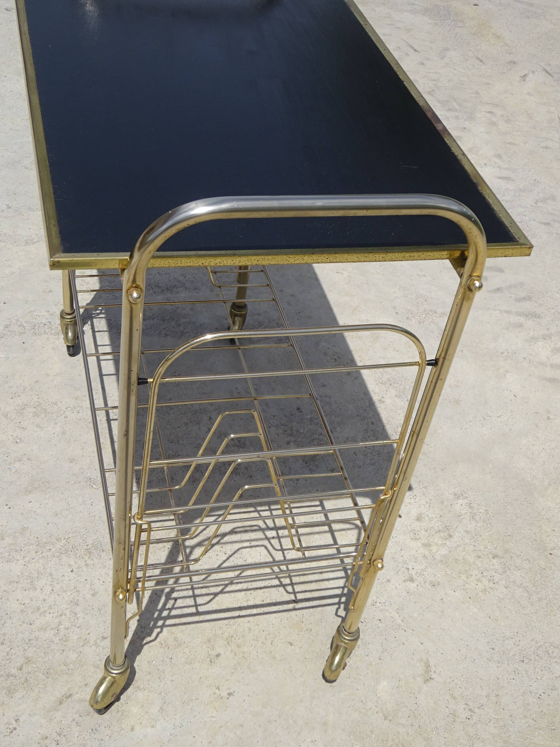 Serving trolley, vinyl record holder in golden brass