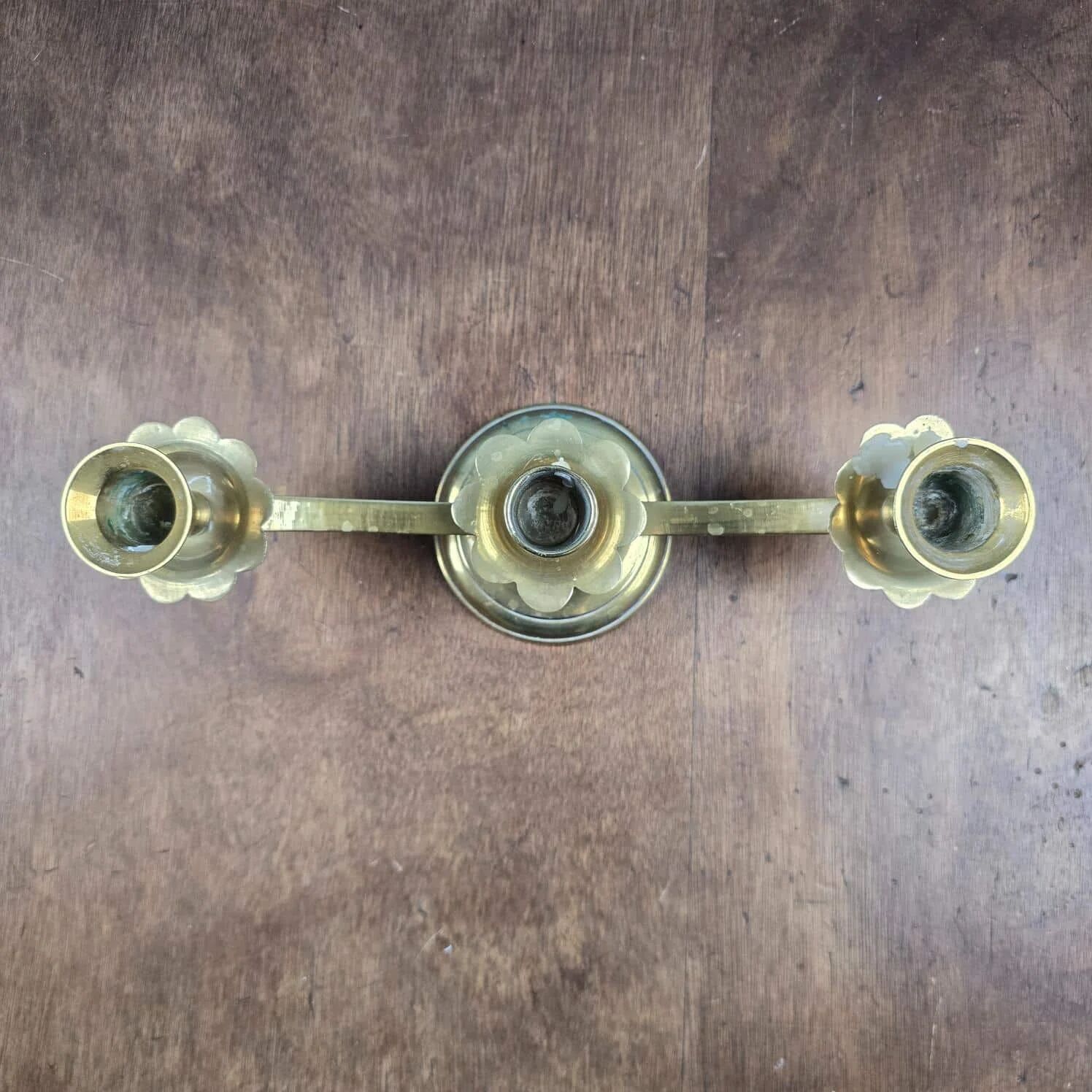 Vintage brass candle holder with 3 lights, flower drip trays, ideal for a centrepiece.