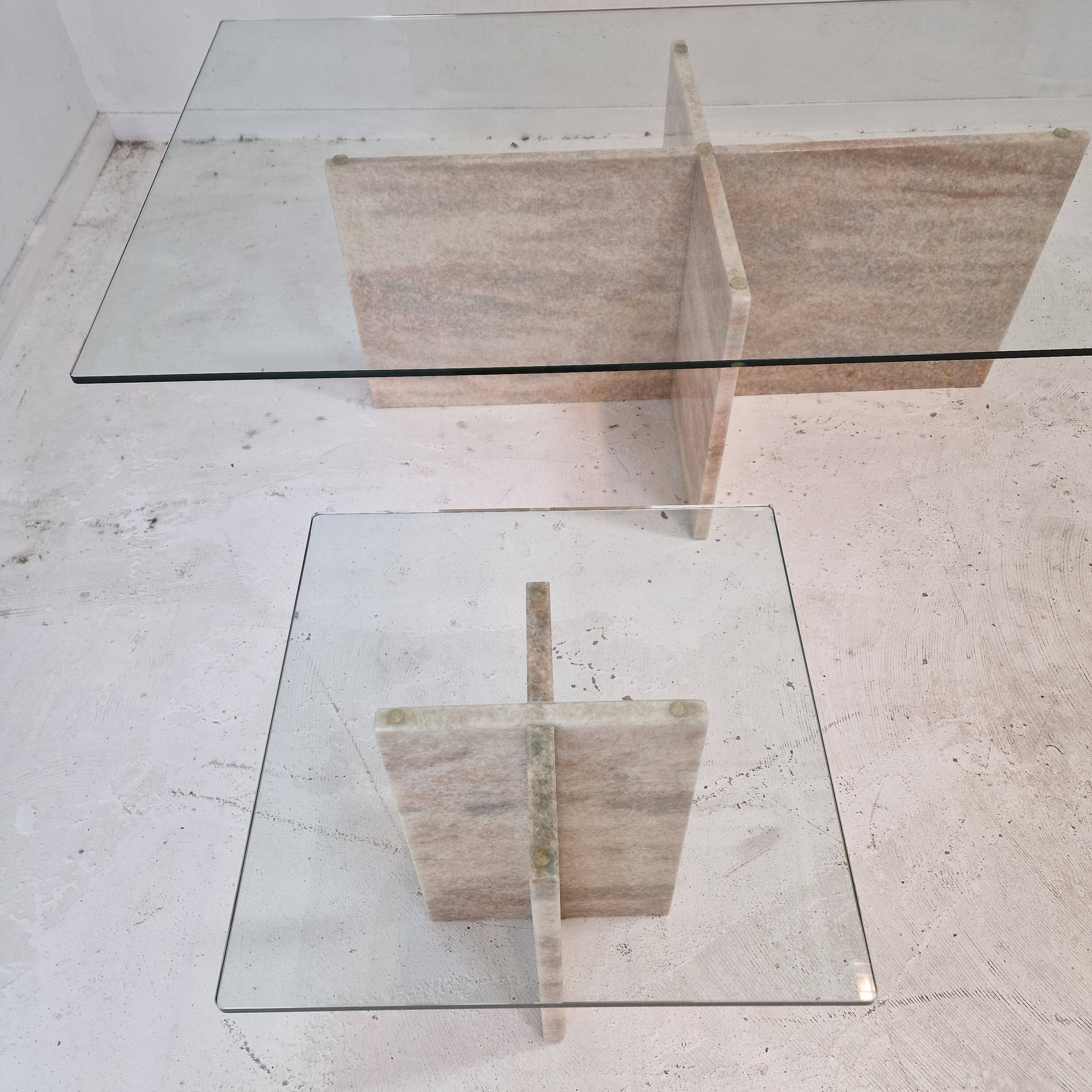 Set of 3 Italian Marble Coffee or Side Tables with Glass, 1980s