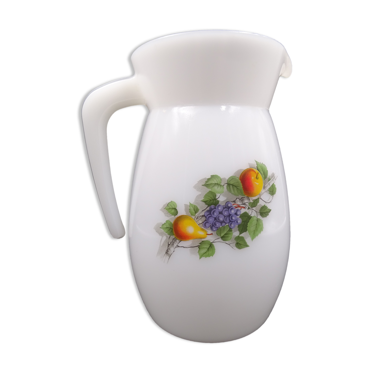 Pitcher or broc in opaline Arcopal fruit décor 1970