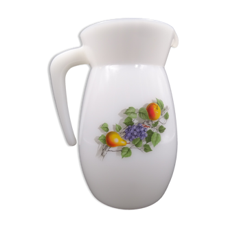 Pitcher or broc in opaline Arcopal fruit décor 1970