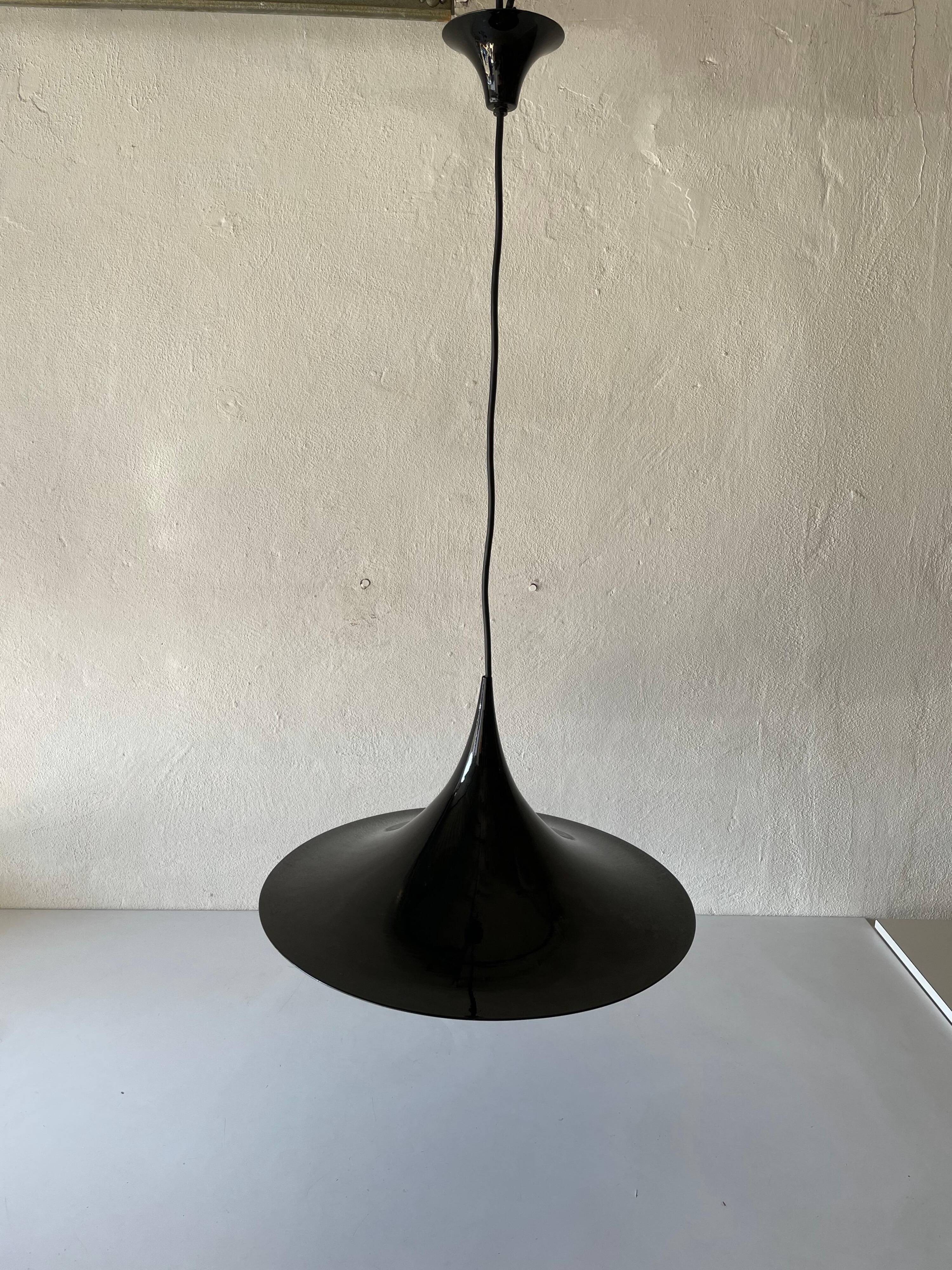 Black metal pendant lamp with trumpet design, 1960s, Italy.