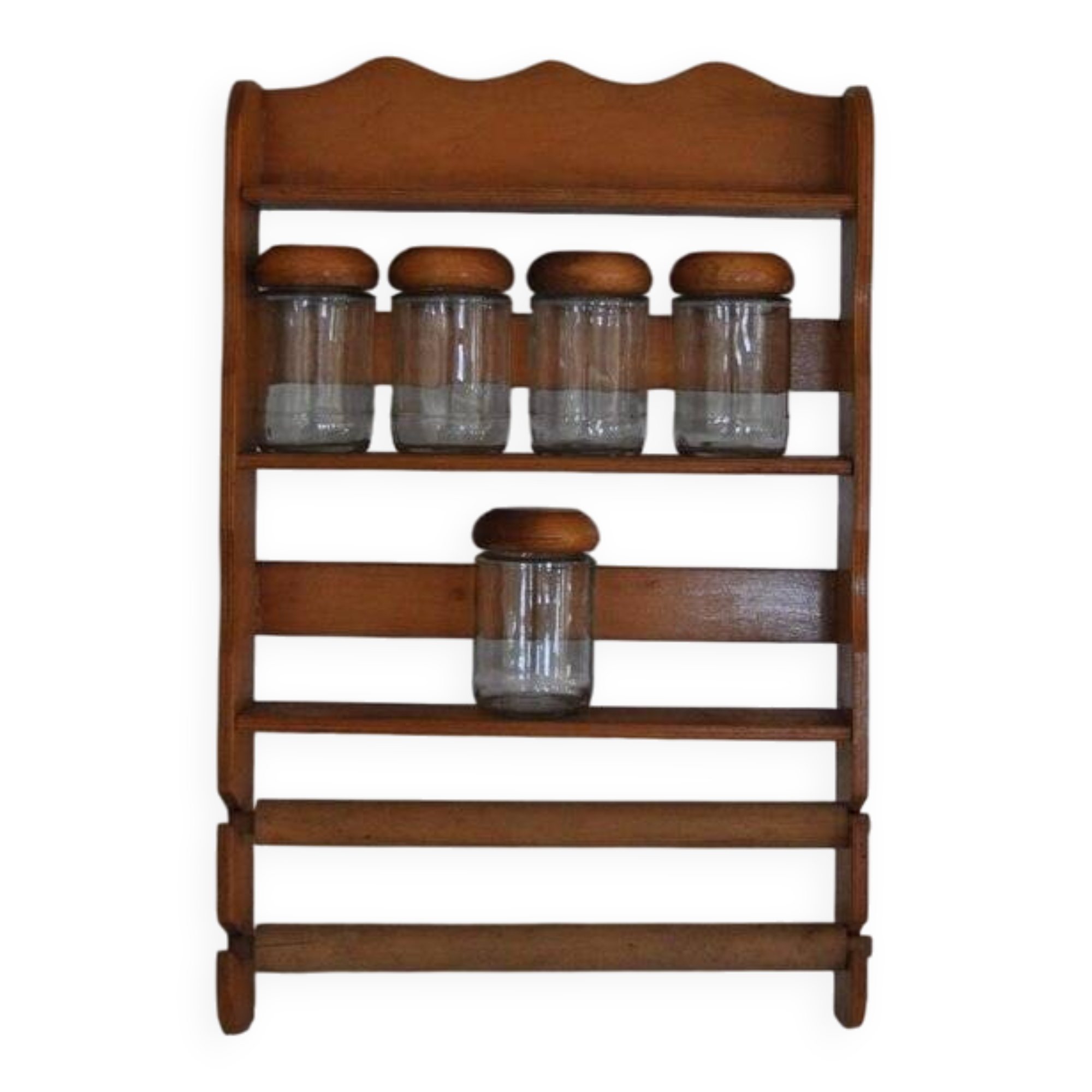 Brown wooden wall spice rack with a set of 6 glass jars, 1950s vintage style.
