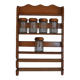 Brown wooden wall spice rack with a set of 6 glass jars, 1950s vintage style.