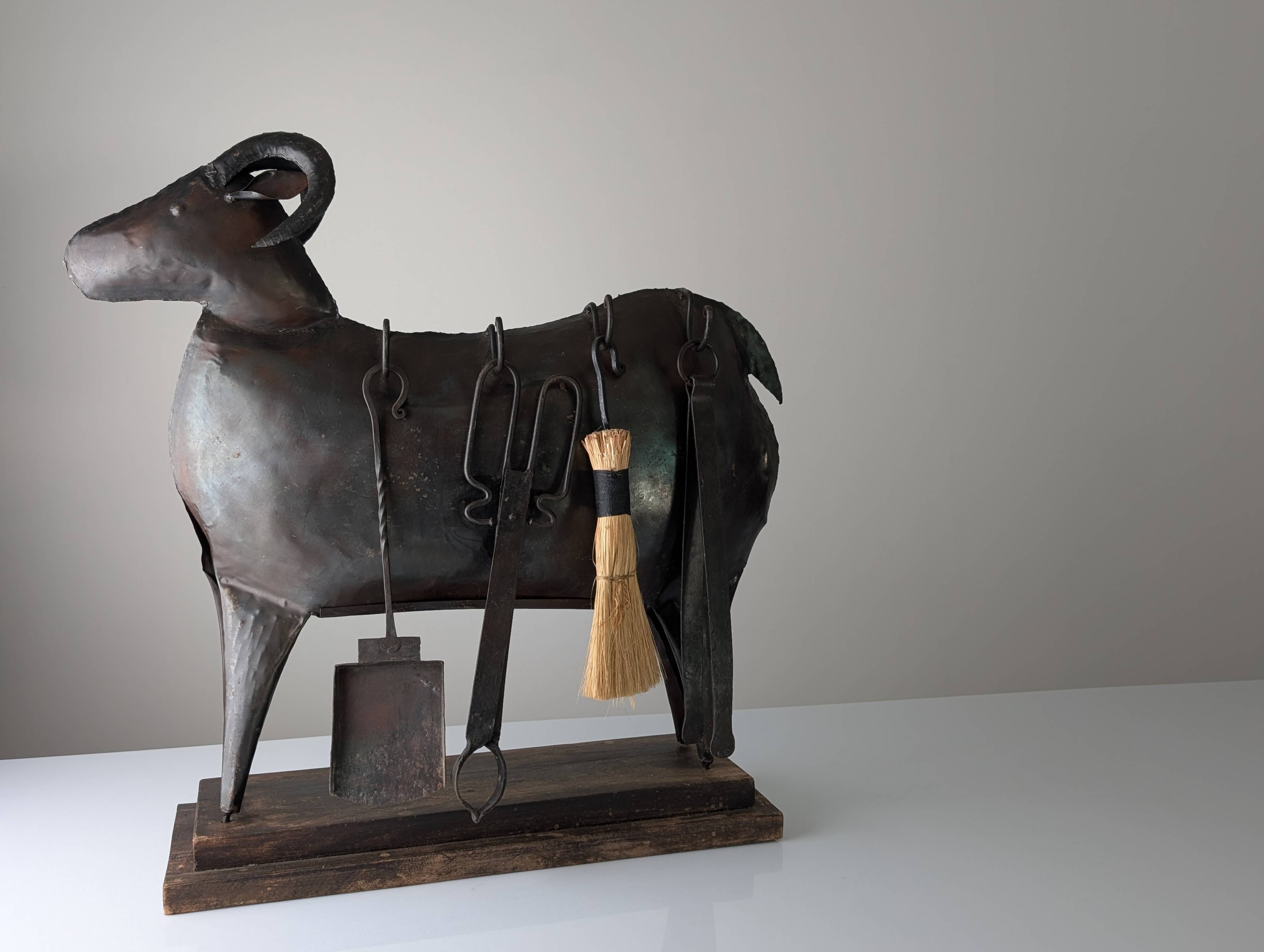 Brutalist Ram Shaped Fireplace Tool Set in Hand Forged Metal