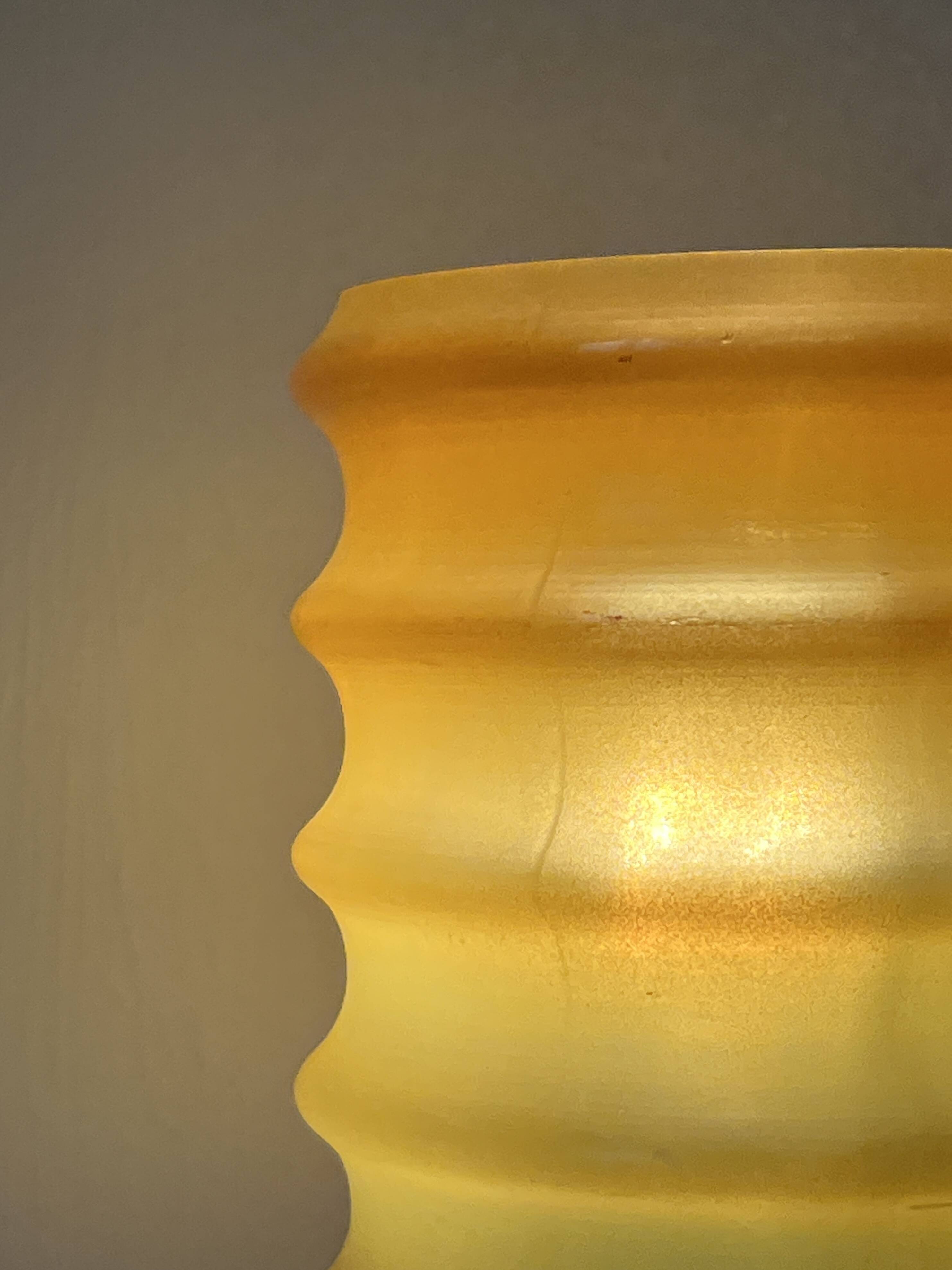 Vintage Bedside Lamp Wood Base & Yellow Orange Glass, VEB Lighting, GDR