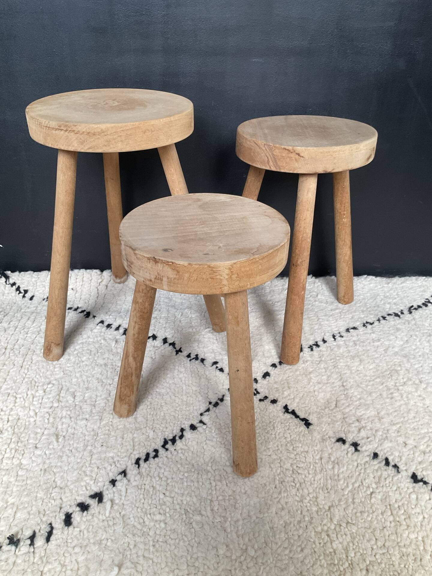 Set of 3 wooden tripod stools