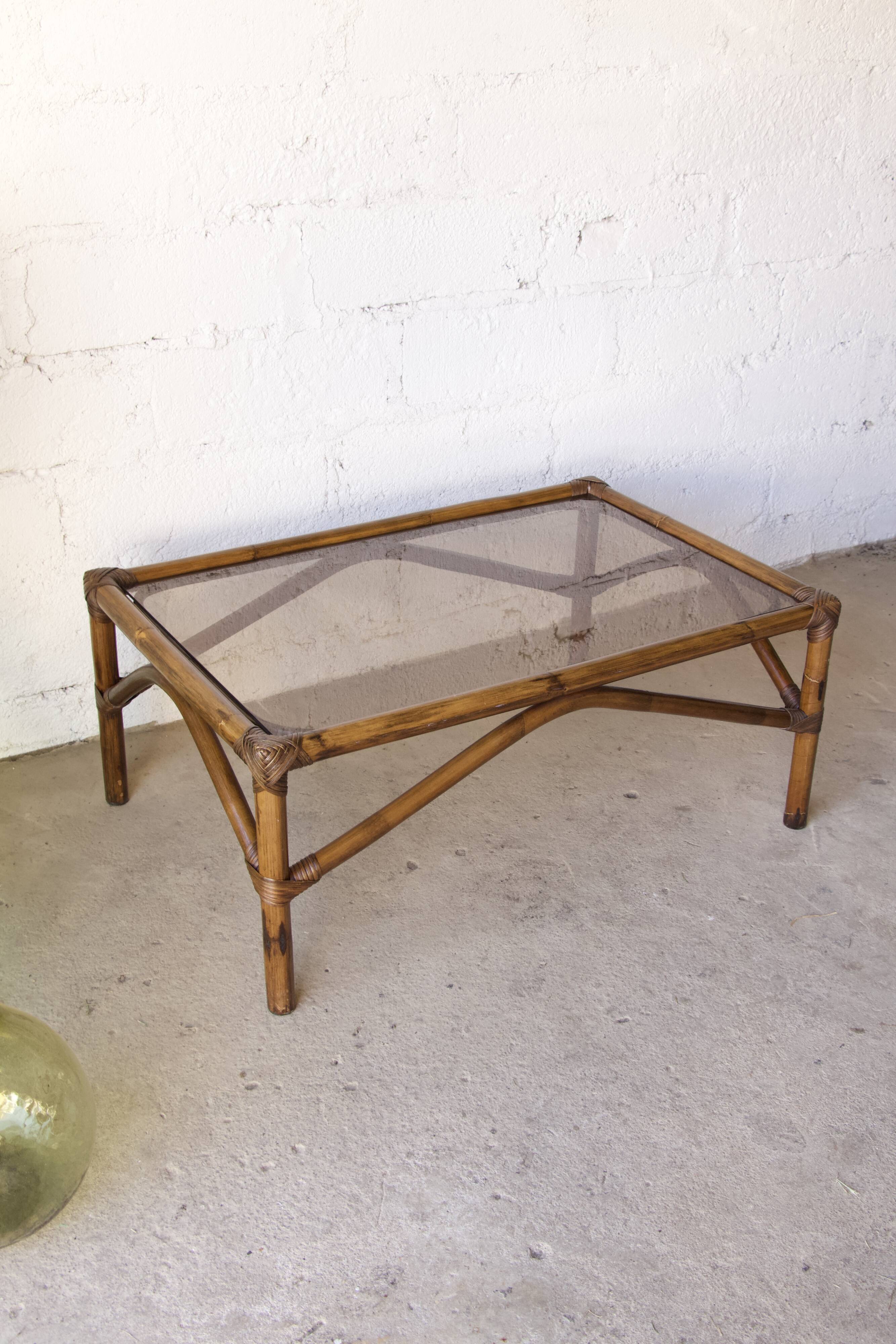 Rattan coffee table and vintage smoked glass top