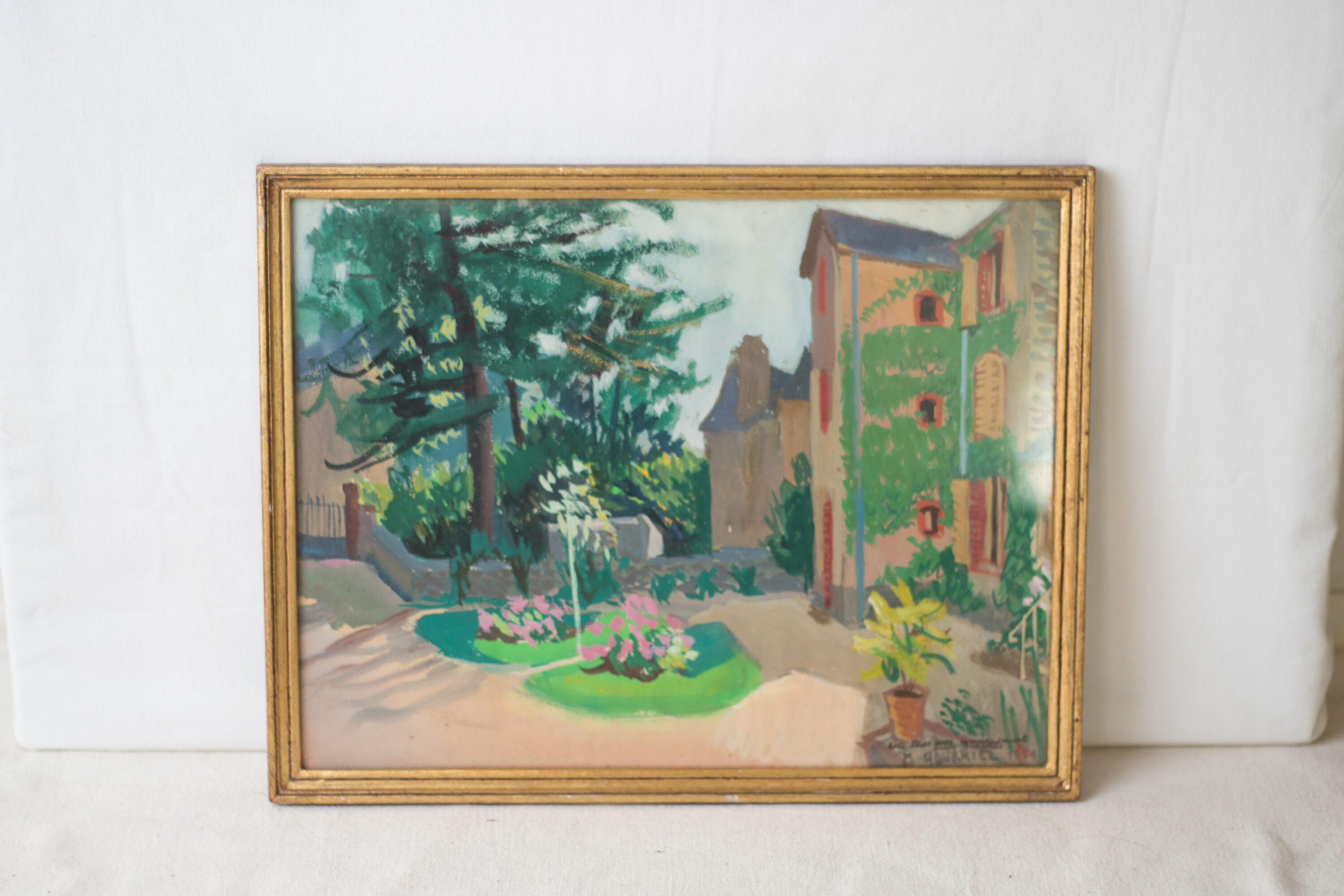 Gouache Marc Hourriel " la maison de maitre au jardin fleuri"